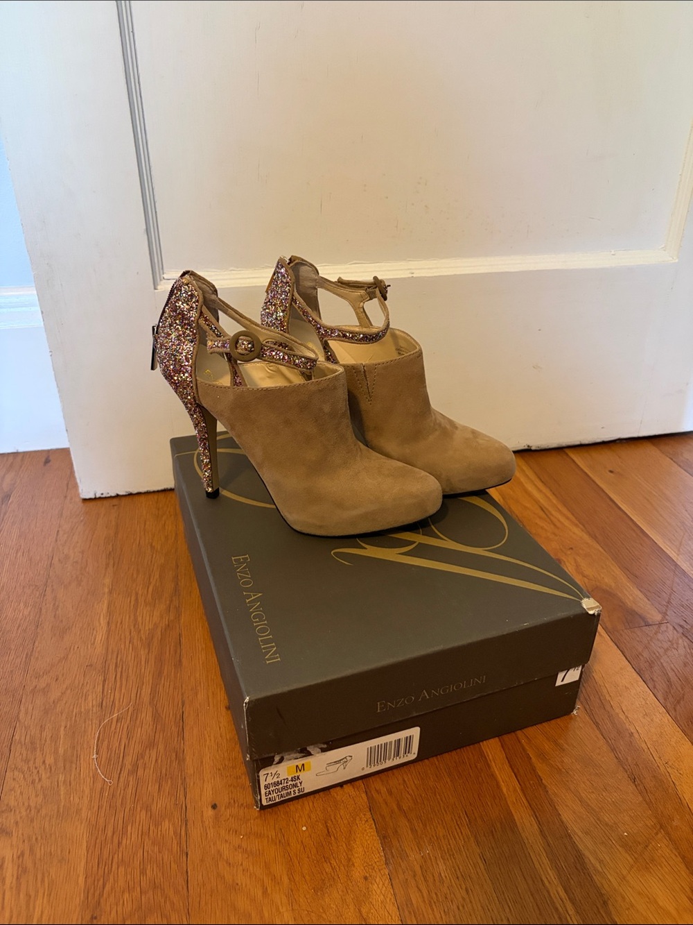 Enzo Angiolini Tan Suede Booties with Multicolor Glitter Heel